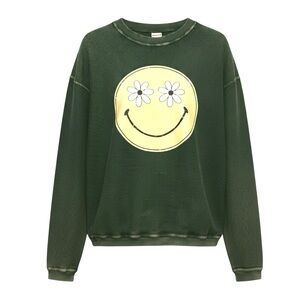 New Chicka-d Boho Happy Face Flower Crew Sweater